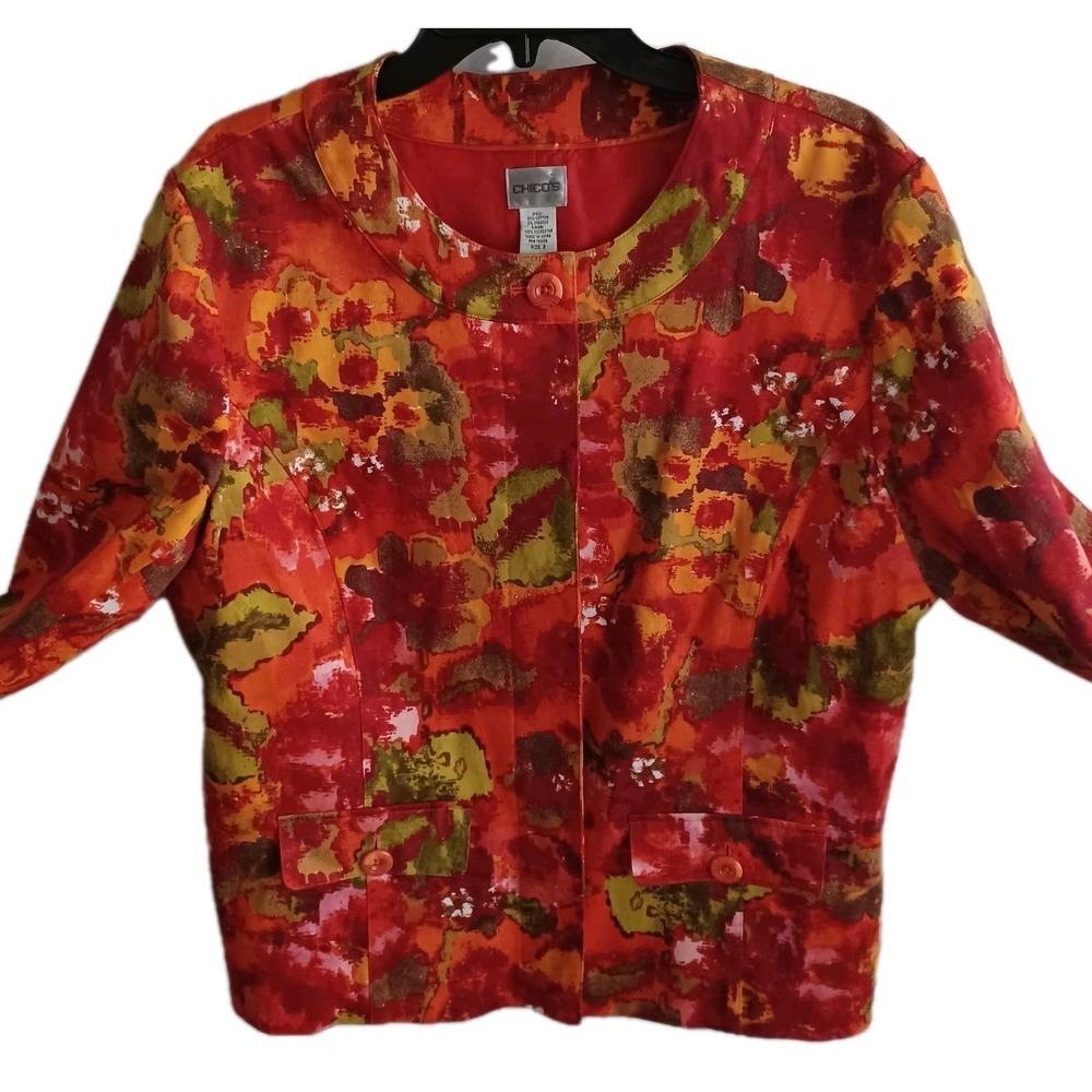 Chico's Women's Jacket Blazer Size 3 Red Multi‎ Button Front Autumnal Colors EUC